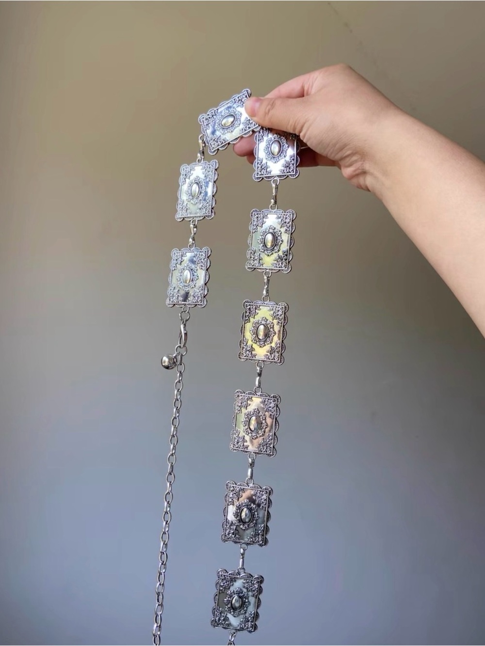 Ornate Silver-Tone Filigree Rectangle Link Belt